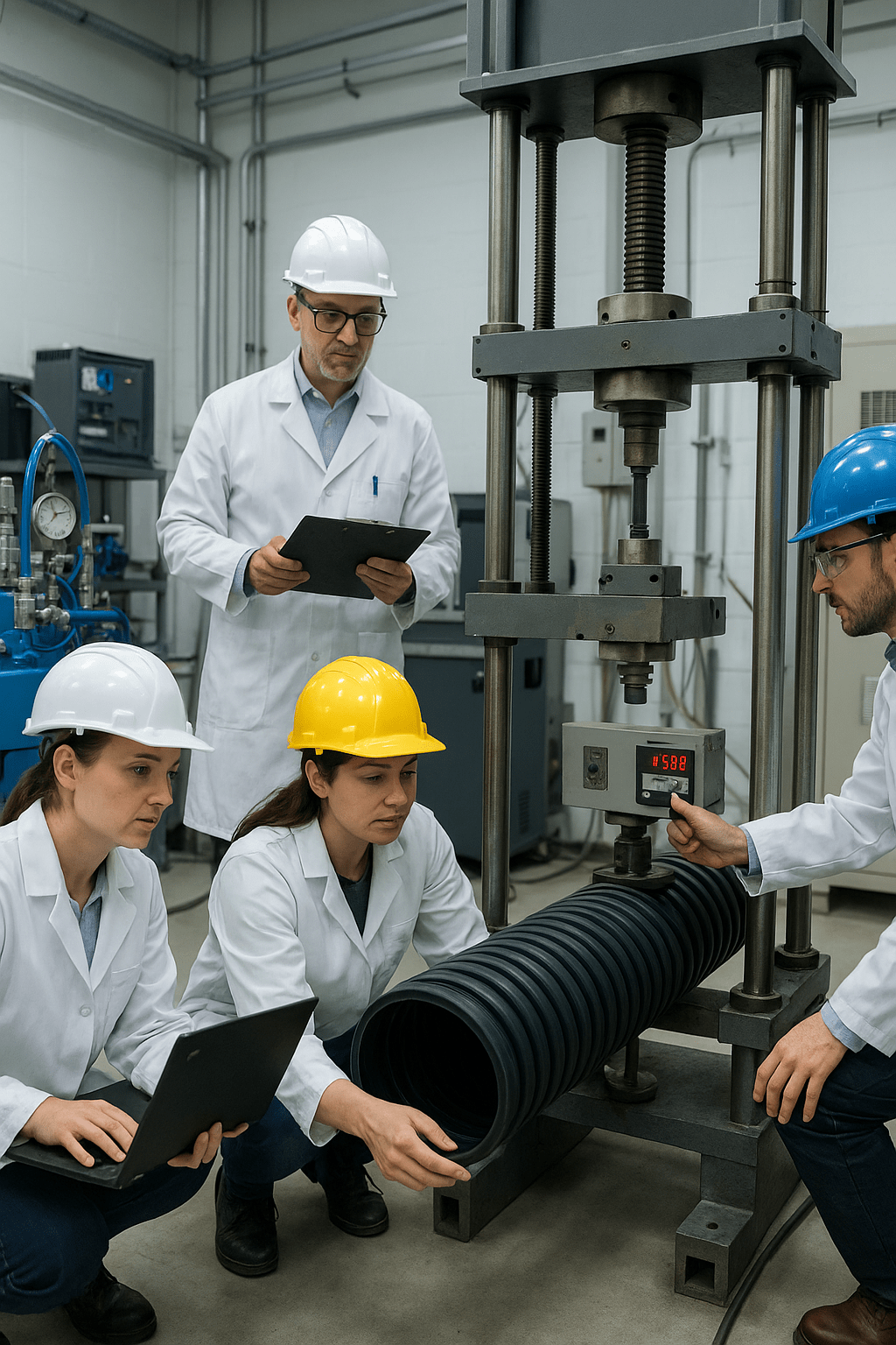 Plastic pipe durability testing by engineers in an innovation lab supported by European industry associations plumber inspecting residential pipes