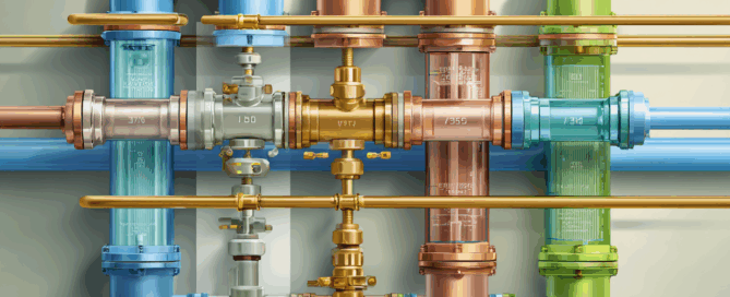 Illustration comparing four types of gas piping: steel, copper, PE, and PVC for Scandinavian and EU applications